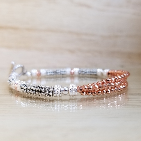 Three Row Rose Gold Two Tone Toggle Bracel… - Picture 3 of 16